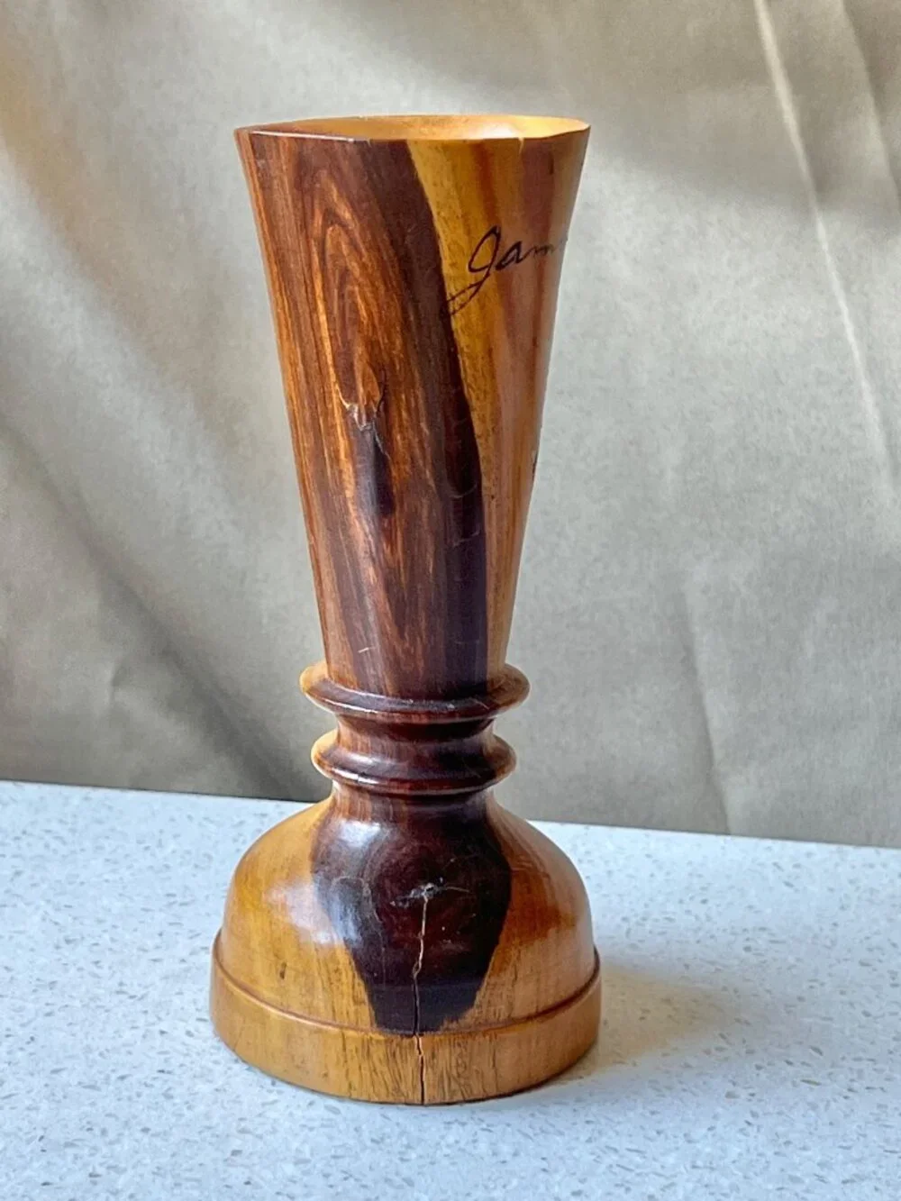 Signed Jamaican Wooden Vase W/ Hand-Painted Tropical Scene Signed 5.5" Handmade - Picture 3 of 10